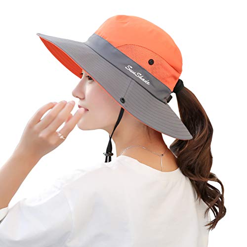 Muryobao Women's Ponytail Sun Hat UV Protection Foldable Mesh Wide Brim Beach Fishing Hat - color: Orange
