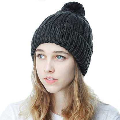Women and Men Beanie Daily Winter Oversized Thick Stretchy Knitted Pom Pom Beanie Fleece Lined Beanie Hat - color: 1. Curly Black