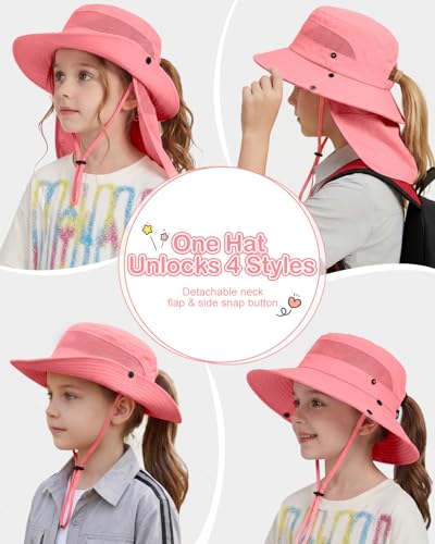 Century Star Kids Sun Hat with Ponytail Hole & Detachable Neck Flap UPF50+ Quick Dry Girls Bucket Hat for Outdoor Beach - color: Watermelon Red