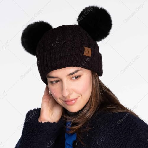 C.C Hatsandscarf Exclusives Cable Knit Double Pom Winter Beanie (HAT-2055)(HAT-23) - color: Beige-color Natural Pom