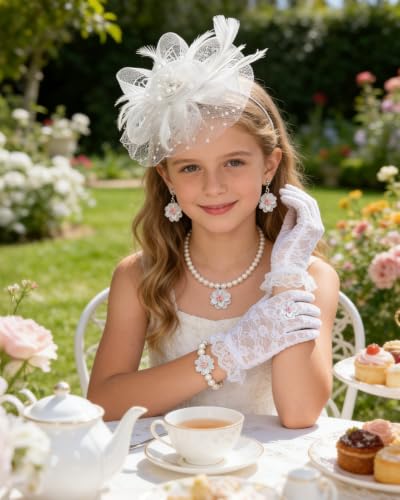 Girls Tea Party Fascinators Hats Girls Church Hats 20s 50s Pillbox Hat Cocktail Mesh Flower Pearl Feather Headband - color: White