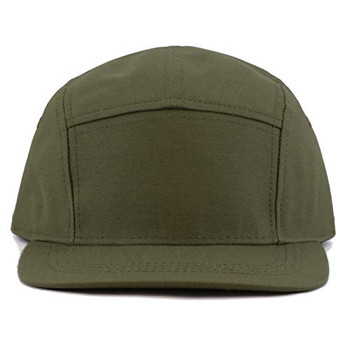 The Hat Depot Made in USA Cotton Twill 5 Panel Flat Brim Genuine Leather Brass Biker Board Cap - color: Olive