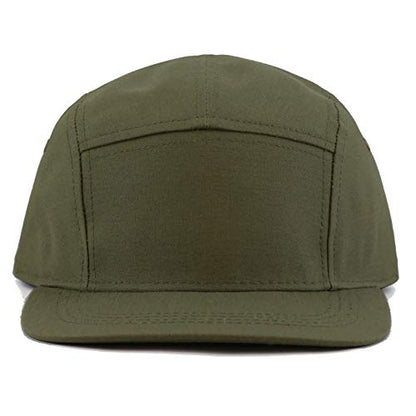 The Hat Depot Made in USA Cotton Twill 5 Panel Flat Brim Genuine Leather Brass Biker Board Cap - color: Olive
