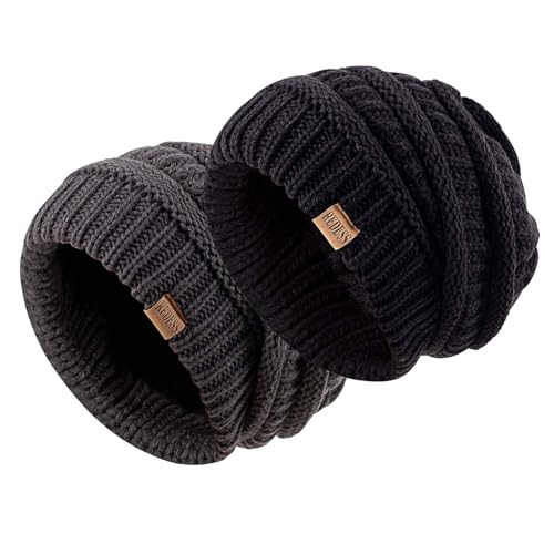 REDESS Slouchy Beanie Hat for Men and Women Winter Warm Knit Hat Chunky Soft Oversized Cable Cap - color: Black+dark Grey