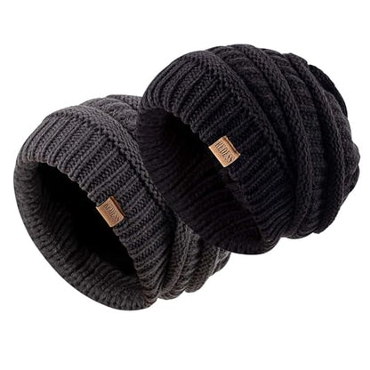 REDESS Slouchy Beanie Hat for Men and Women Winter Warm Knit Hat Chunky Soft Oversized Cable Cap - color: Black+dark Grey