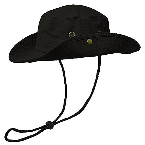 Glory Max Washed Cotton Bucket Hat with Chin Strap Fishing Sun Safari Boonie Cap - color: Black, size: Small-Medium