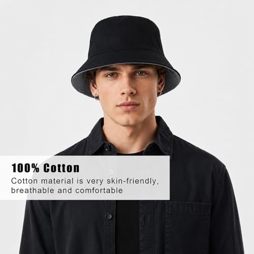 Oversize XXL Bucket Hat, Reversible Cotton Fisherman Hats, Unisex Double Side Wear Bucket Sun Hats with Chin Strap - color: Black-dark Grey, size: XX-Large