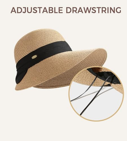 Women's Sun Straw Hats Summer Wide Brim Beach Hat UPF 80+ Travel Vacation Accessories Packable Foldable Cap - color: Beige
