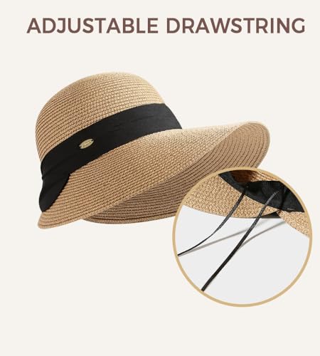 Women's Sun Straw Hats Summer Wide Brim Beach Hat UPF 80+ Travel Vacation Accessories Packable Foldable Cap - color: White