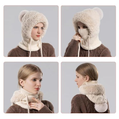 HUAMULAN Women Cable Knit Balaclavas Winter Fleece Lined Beanie Hat - color: Beige With String