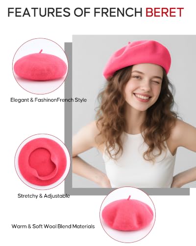 French Beret Hats for Women - Wool Solid Color Beanie Cap - color: Hot Pink