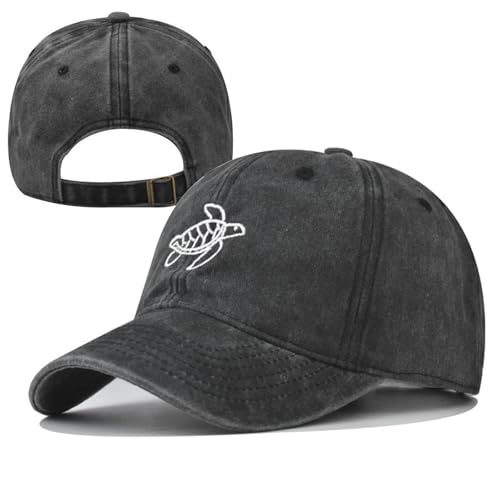 Plam Trees Hats Embroidered Washed Cotton Baseball Cap for Men Women Distressed Black Snapback Baseball Hat Adjustable - color: Turtle