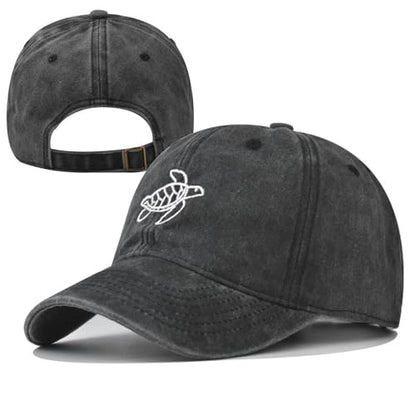 Plam Trees Hats Embroidered Washed Cotton Baseball Cap for Men Women Distressed Black Snapback Baseball Hat Adjustable - color: Turtle