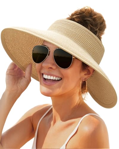 FURTALK Womens Sun Hat with Ponytail Hole Wide Brim Beach Straw Visor - color: Beige Khaki Mix