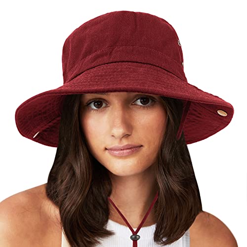 Unisex Cotton Boonie Hat Summer Fishing Bucket Hat Sun Hat with String - color: Solid Dark Red