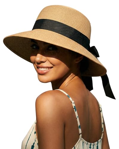 Womens Straw Beach Sun Hat, UV Protection UPF 50+, Lightweight Straw Bucket Hat, Summer Travel - color: Khaki-ribbon, size: Medium