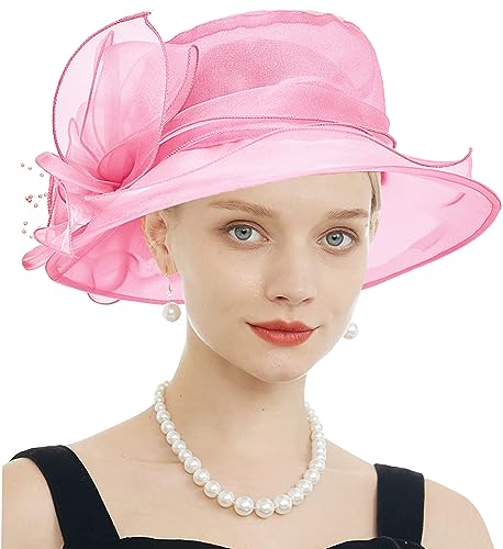 Women's Kentucky Derby Church Dress Hat Wide Brim Leaf Flower Bridal Shower Hat - color: F7 Rose Pink