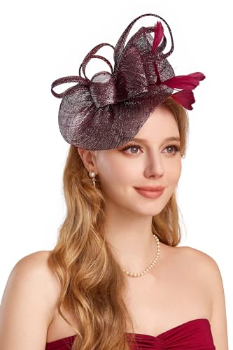 BABEYOND Fascinators Hats for Women Tea Party Glitter Pillbox Hat Derby Hat - color: B-wine Red