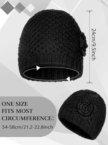 Bencailor 4 Pcs Winter Hats for Women Floral Knitted Beanie Warm Ladies Caps Flannelette Lined Middle Aged and Old Women - color: Black
