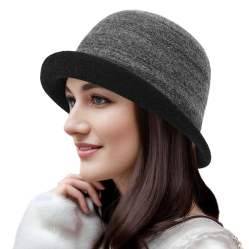 Womens Winter 1920S Vintage Cloche Wool Bucket Hat Packable Ladies Church Derby Party Fashion Cap - color: 1black