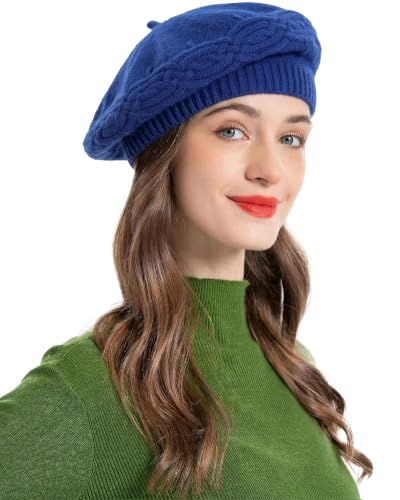 ZLYC Women French Beret Hat Reversible Solid Color Knit Warm Artist Cap - color: Cable Knit Royal Blue