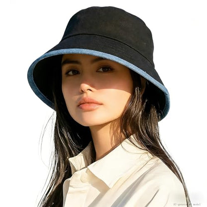 Summer Bucket Hat for Woman Men Cotton Wide Brim Sun Hat - color: Black