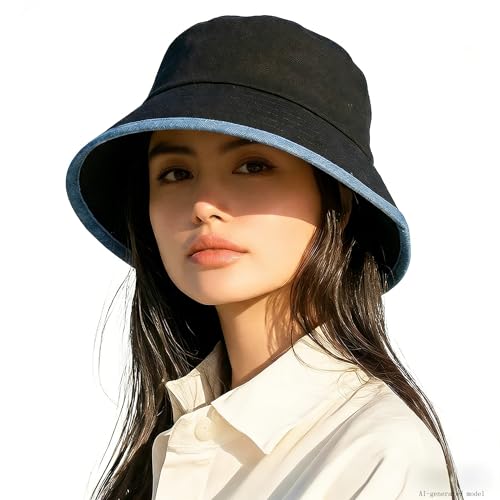 Summer Bucket Hat for Woman Men Cotton Wide Brim Sun Hat - color: Black