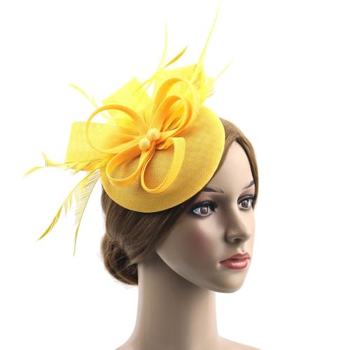 Specell Women's Handmade Tea Party Fascinator Hat, Pillbox Derby Hat with Feather Hair Clip, Elegant Formal Fashion Headwear. - color: A-a-yellow