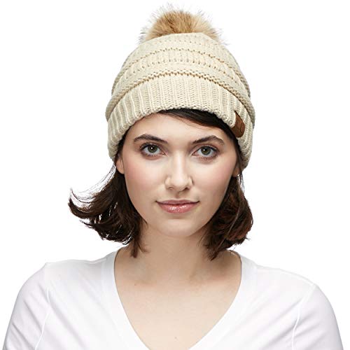 C.C Fur Pom Winter Fall Trendy Chunky Stretchy Cable Knit Beanie Hat - color: Solid Beige
