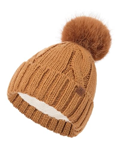 DS DADOU&XIAOSHAN Winter Hats for Women, Fleece Lined Beanie with Pom Pom, Girls Womens Knit Hat Beanies Toboggan - color: Tan