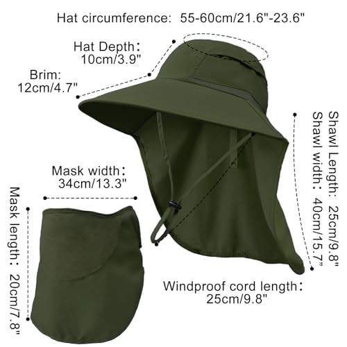 Sun Hats for Men Women Detachable Face Cover Wide Brim Fishing Hats with Neck Flap UPF 50+ Outdoor Safari Hats - color: Army Green