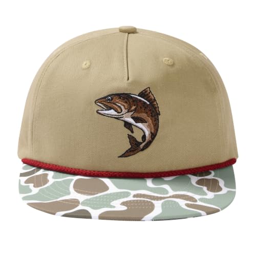 BASSDASH Embroidered Soft Top Flat Brim Duck Hat Snapback Cap for Hunting, Fishing, and Outdoor Activities - color: Color Block Camo/Trout