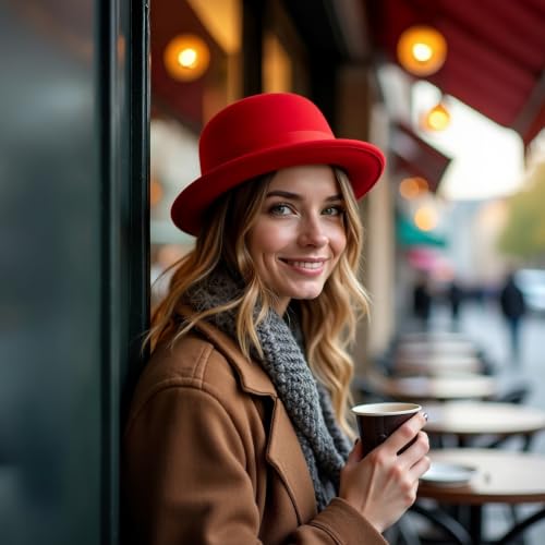 GEMVIE Classic Black Felt Derby Hat Lightweight Bowler Hat Novelty Costume Hat for Party Dress Ups - color: Red