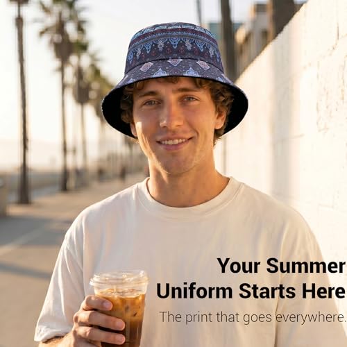 ZLYC Printed Bucket Hat for Women Men Packable Summer Sun Hat for Beach - color: Boho Navy