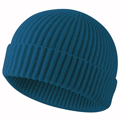 ROYBENS Swag Wool Knit Cuff Short Fisherman Beanie for Men Women Winter Hat - color: 1 Steel Blue