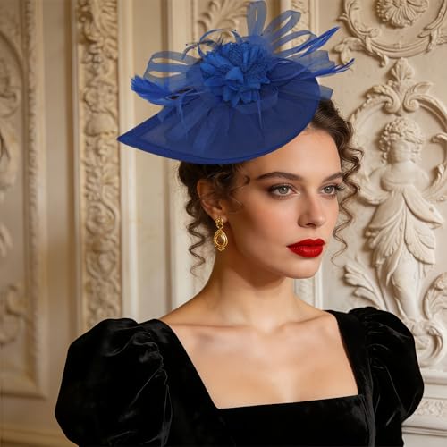 Women Vintage Fascinator Hat Flower Feather Mesh Headband Clip Pillbox Headwear for Wedding Tea Party - color: 01 Royal Blue