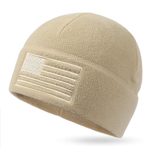 OUTDOOR SHAPING American Flag Fleece Beanie with Embroidered Patch Hat - color: Beige