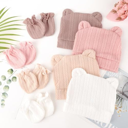 Newborn Baby Hat and Mittens Set Bear Ears Toddler Infant Beanie Caps Newborn Hospital Hat for Baby Boy Girl 0-3 Months - color: Wheat Patterned Bear Ear a