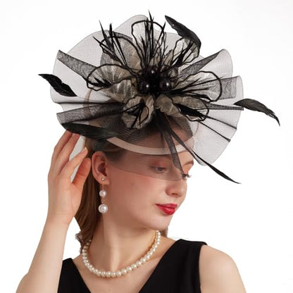Women Organza Church Derby Hat Wide Brim Sun Caps for Wedding Tea Party Hat with Detachable hat Flower as Headgear - color: 11-beige