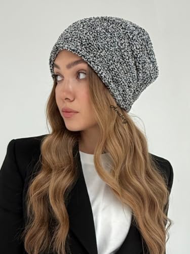 Oversized Slouchy Non-Itchy Knit Beanie Winter Hat for Men & Women - color: Grey / Black & White
