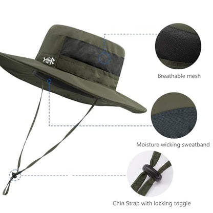 BASSDASH UPF 50+ Fishing Sun Hat Water Resistant Unisex Wide Brim Bucket Boonie Hat for Hiking Camping Safari FH15 - color: Army Green, size: Medium