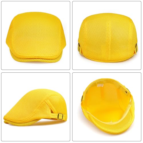Xinveen Men's Mesh Cap Breathable Summer Newsboy Hat Adjustable Beret Ivy Cap Irish Cabbie Driving Hunting Hats - color: Yellow