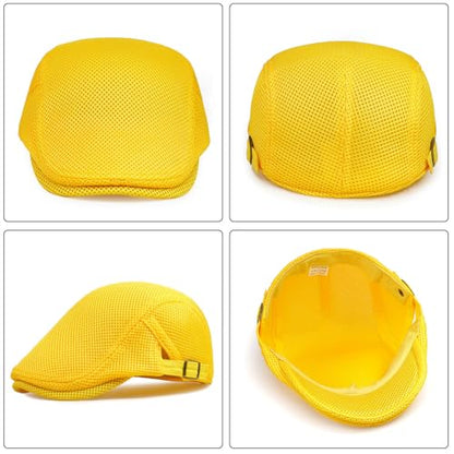 Xinveen Men's Mesh Cap Breathable Summer Newsboy Hat Adjustable Beret Ivy Cap Irish Cabbie Driving Hunting Hats - color: Yellow