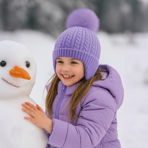 Toddler Earflap Beanie Hat with Rainbow Pom for Little Girls Knitted Beanies Kids Winter Skiing Caps Age 3-8 - color: Purple