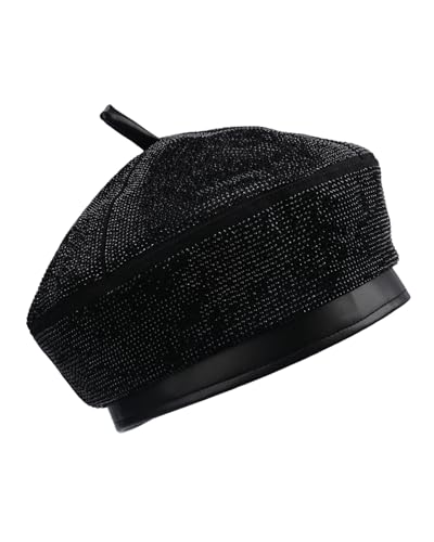 MINGSEECESS Women PU Leather French Black Beret Hat Causal Beanie Hat - color: Rhinestone-black