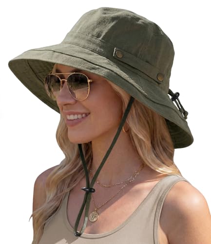 Sun Hats for Women, Wide Brim Beach Hat, Linen Cotton, UPF 50+, Breathable Packable, Gardening Hiking Travel - color: Green