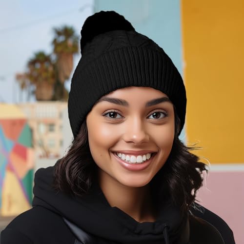 DALIX Cable Knit Pom Beanie Soft Stretch Skully Warm Fuzzy Faux Sherpa Winter Ski Beanie - color: Black
