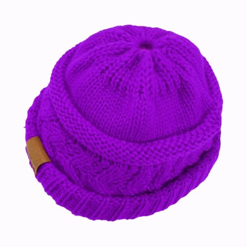Rosoz 2 Pack Ponytail Beanie for Women,Winter Warm Beanie Tail Soft Stretch Cable Knit Messy High Bun Hat - color: 1pack-purple