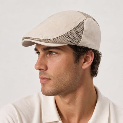 DIYDECAL Mens Cotton Mesh Newsboy Cap Flat Ivy Gatsby Hat Summer Driving Cabbie Cap - color: Beige