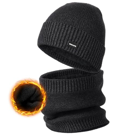 Wmcaps Fleece Lined Beanie Scarf Set, Warm Knit Hat for Men Women - color: Slate Gray